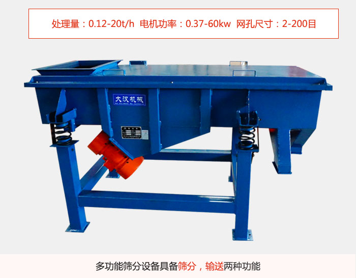 單層直線振動篩特點處理量：0.12-20t/h  電機功率：0.37-60kw  網孔尺寸：2-200目，多功能篩分設備具備篩分，輸送兩種功能。